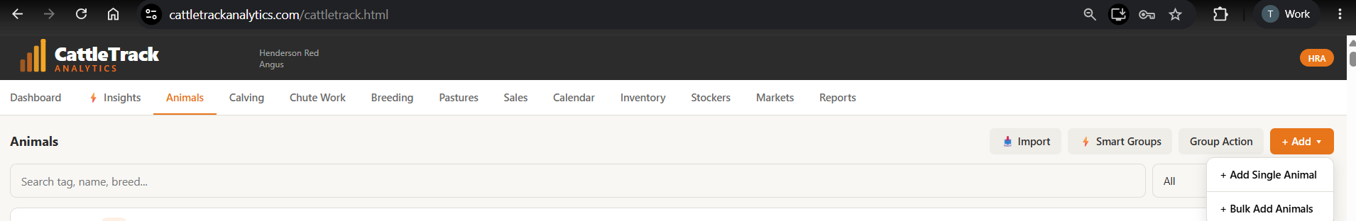 Add menu showing Add Single Animal and Bulk Add Animals options